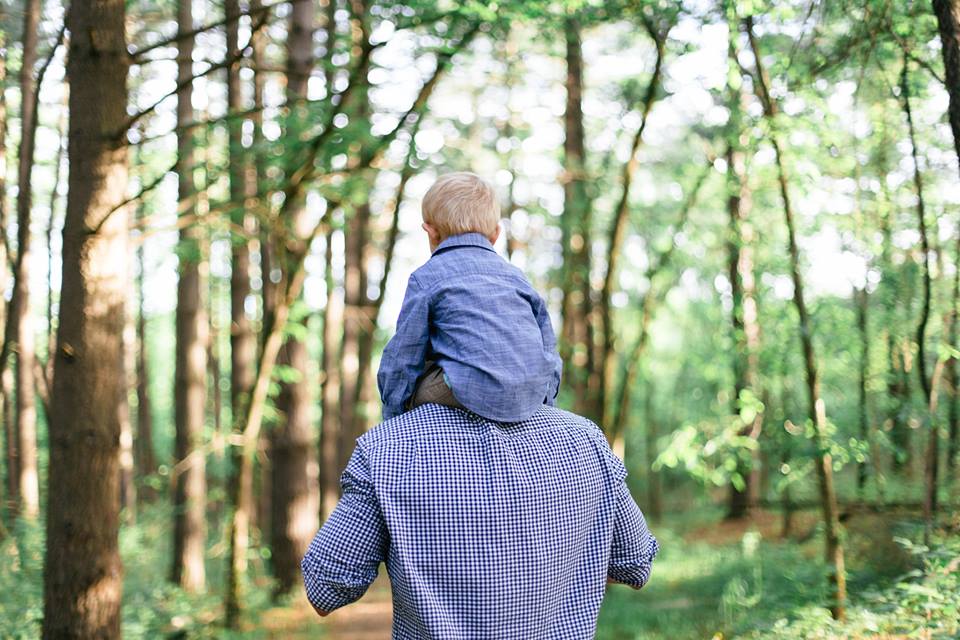 the backs of a todler boy on his father's shoulders with trees in the background