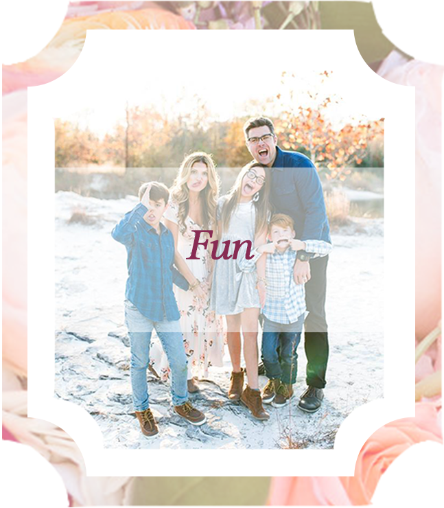 family of five making silly faces with the word fun across the picture