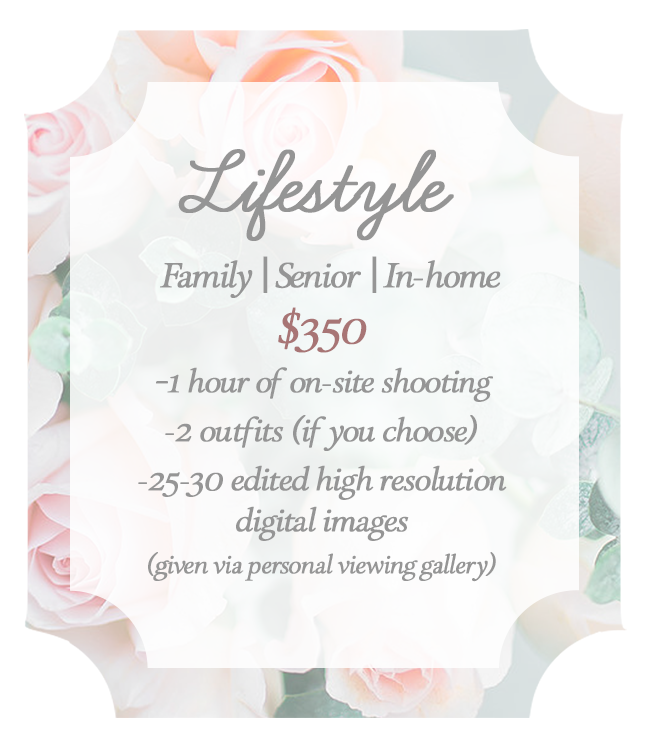 lifestyle package: family, senior, in-home, one hour of on-site shooting, two outfits if you choose, 25-30 efited high resolution images, given via personal viewing gallery