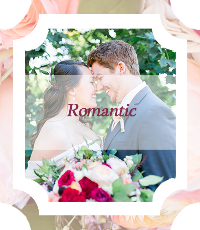 a bride ad groom with their noses touching and smiling at eachther with a bouquet of pink, red and white roses in the foreground with the word romantic across the picture
